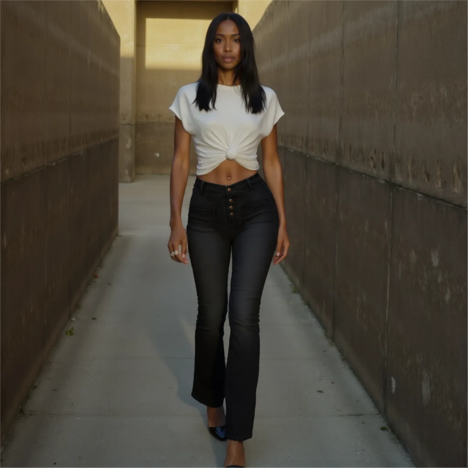 Woman in a white top and black pants walking between two concrete walls.
