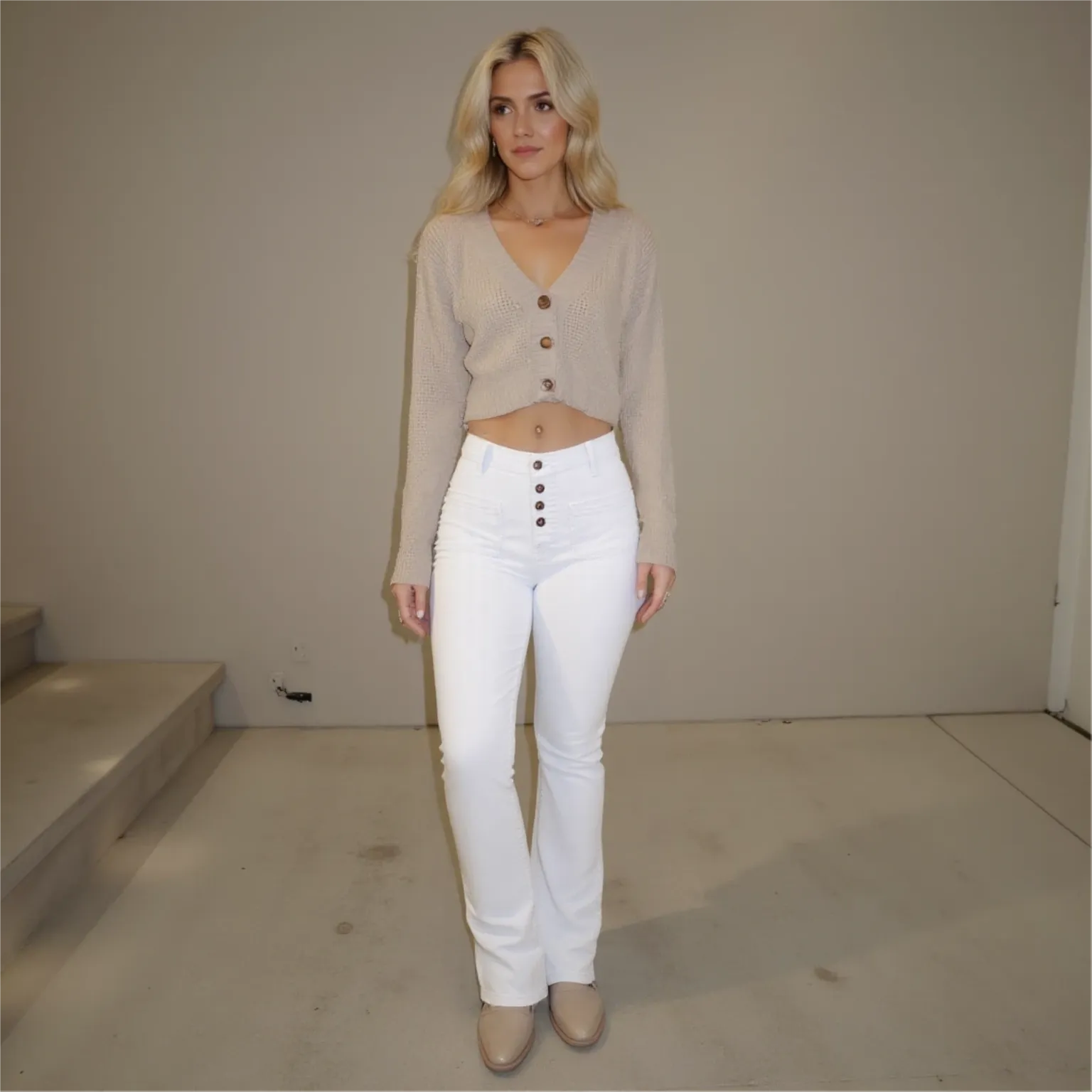 Woman wearing a beige cardigan and white pants standing in a minimal indoor setting.