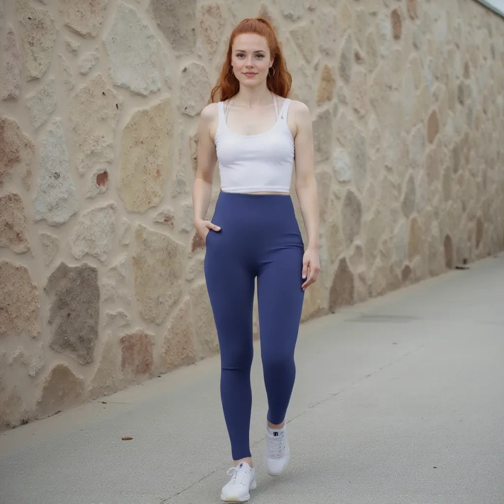 Woman wearing a white tank top and blue leggings standing against a stone wall.