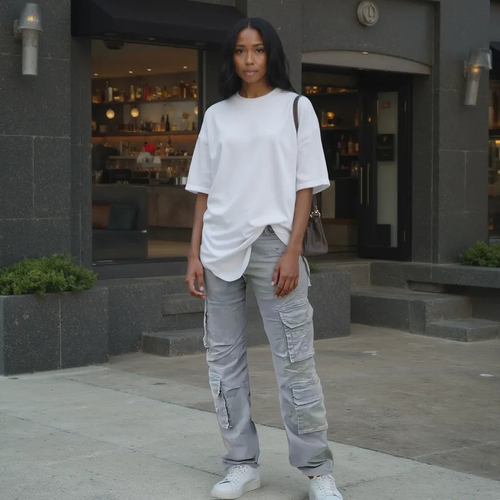 Woman in white oversized t-shirt and gray cargo pants standing on a sidewalk.