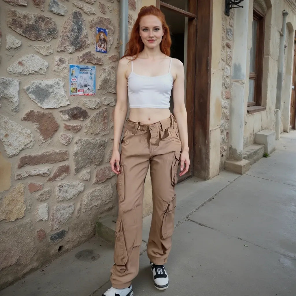 Woman in white tank top and beige cargo pants standing against a stone wall.