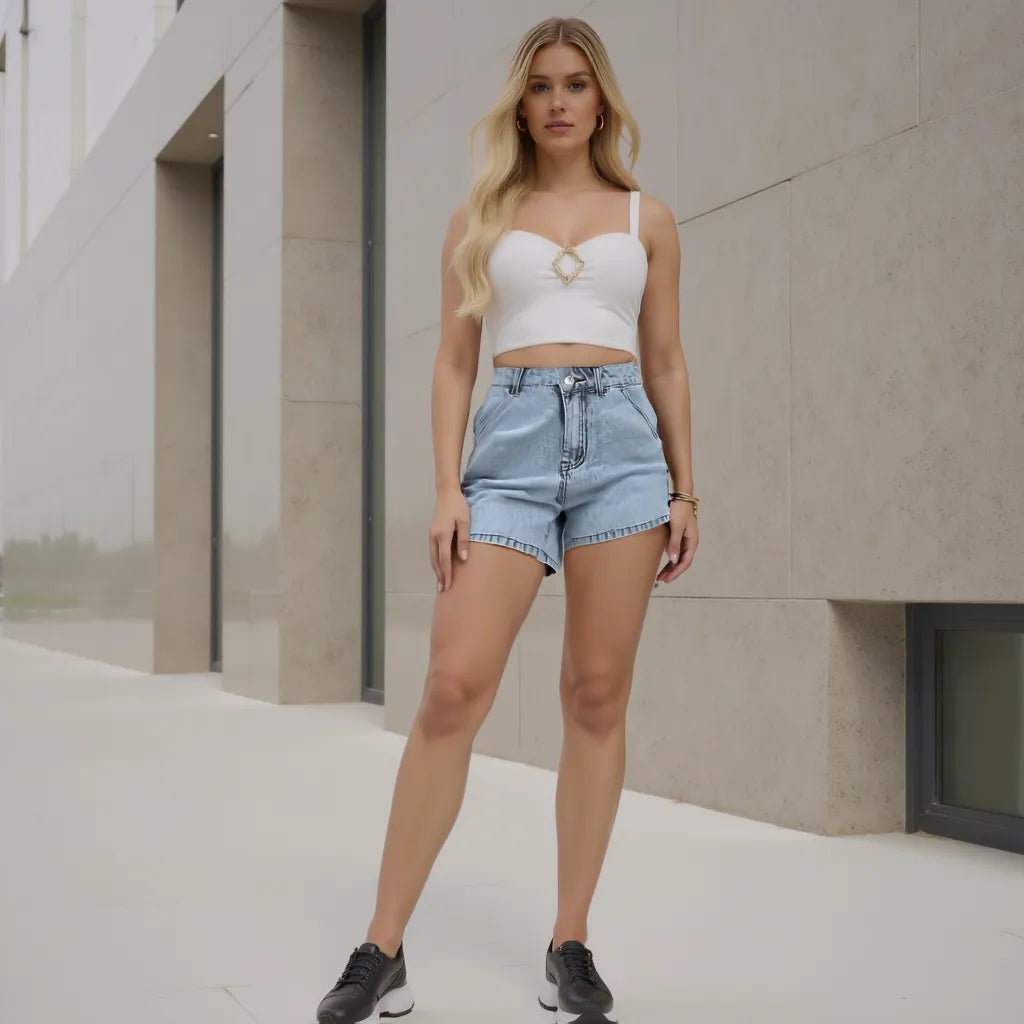 Woman wearing a white crop top and denim shorts standing in front of a modern building.