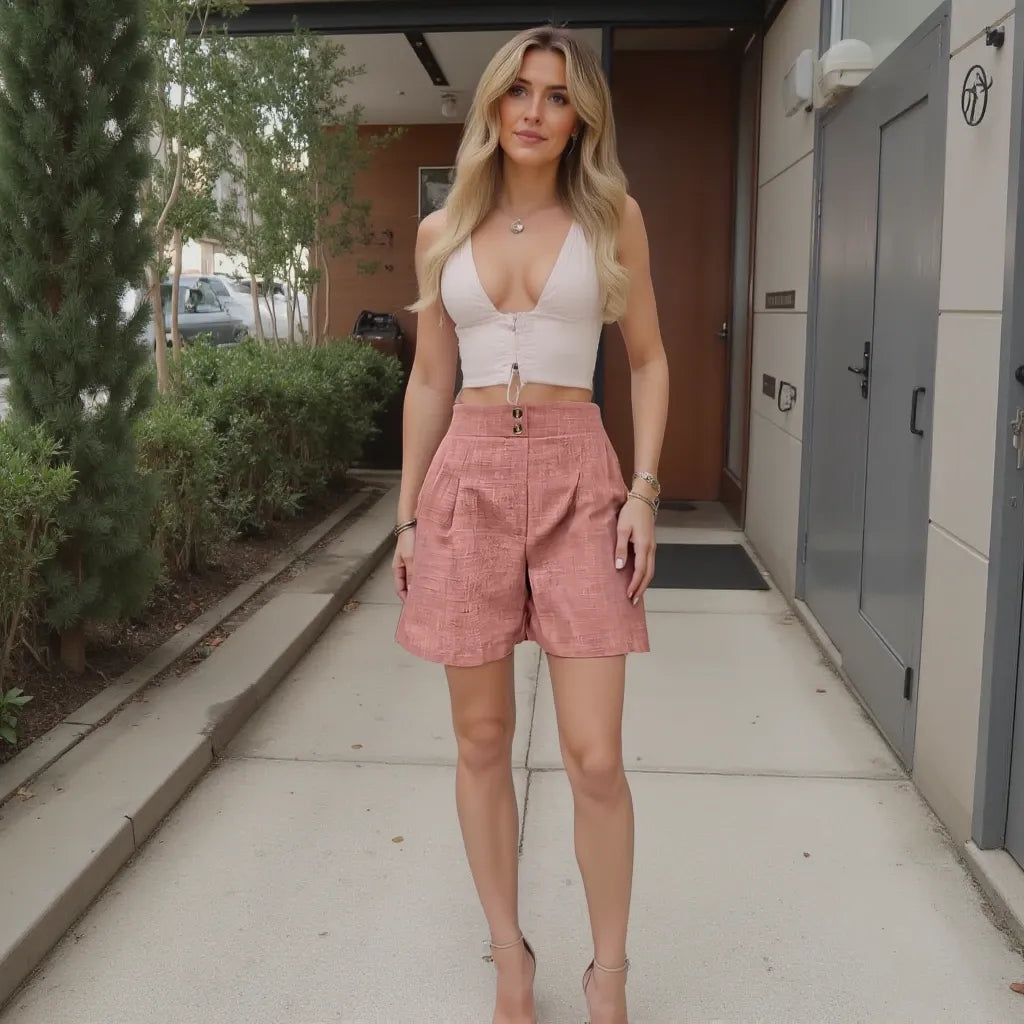 Woman in a white top and pink shorts standing on a sidewalk.