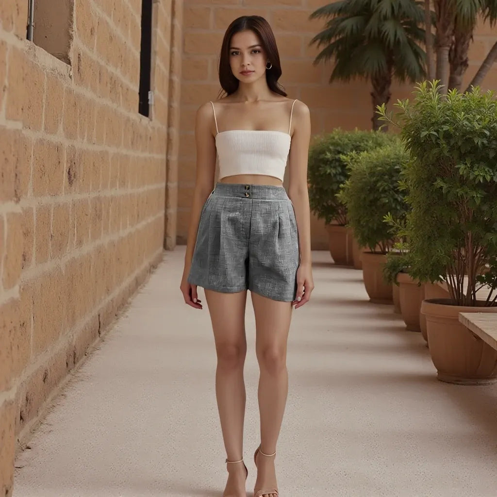 Woman in a white top and gray shorts standing in a sunlit outdoor setting with plants and a brick wall.
