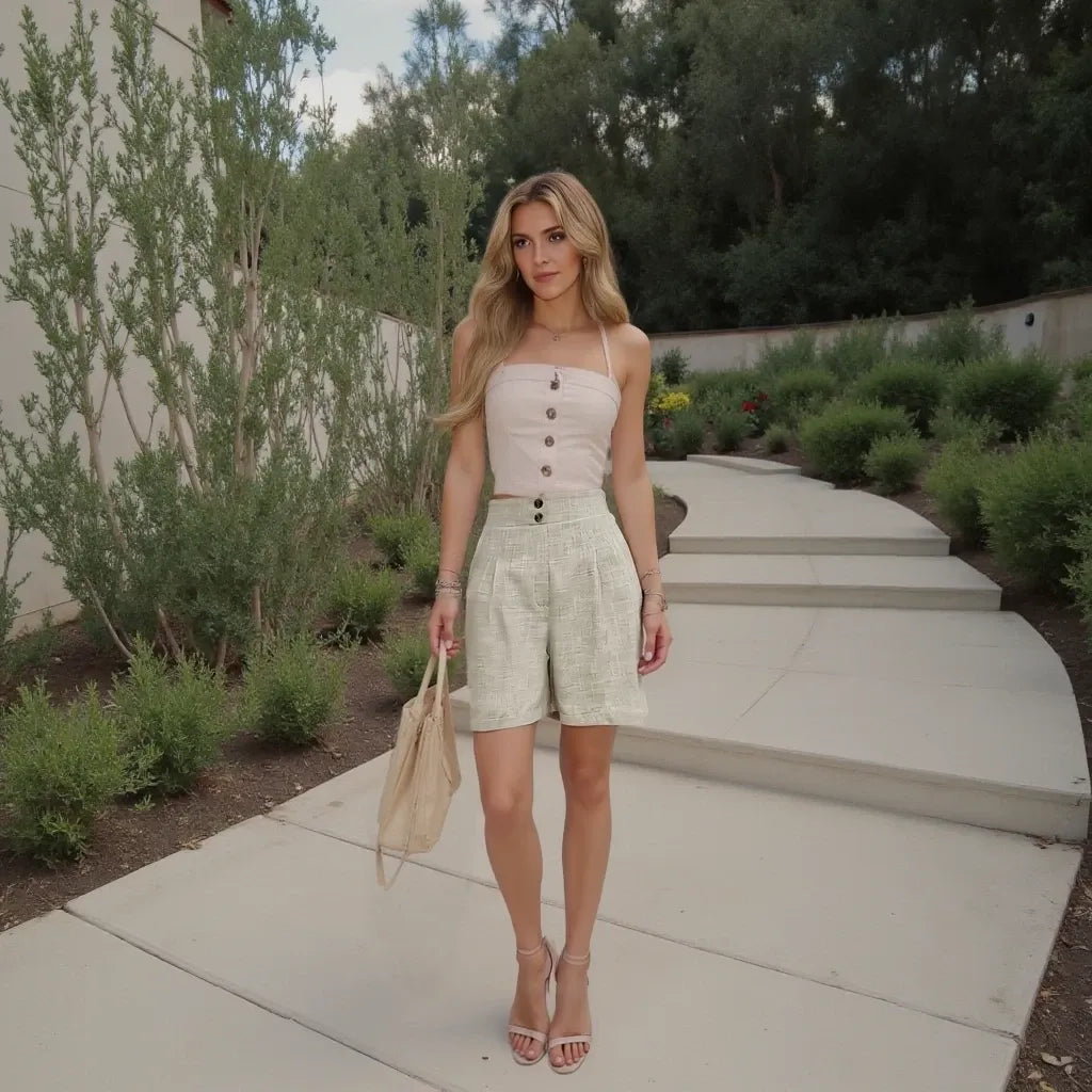 Woman in a beige outfit standing on a pathway with greenery in the background