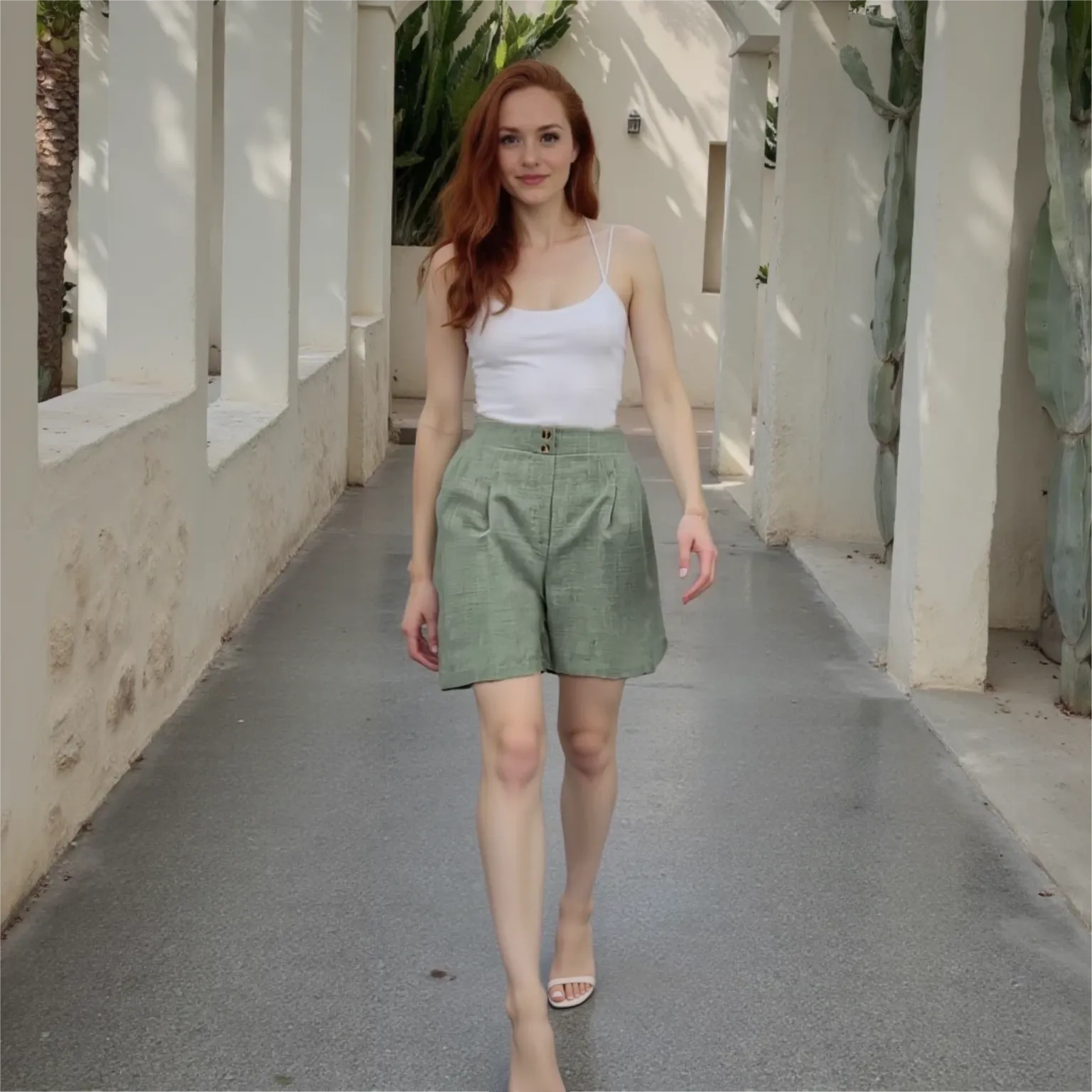 Woman walking on a path wearing a white tank top and green shorts.