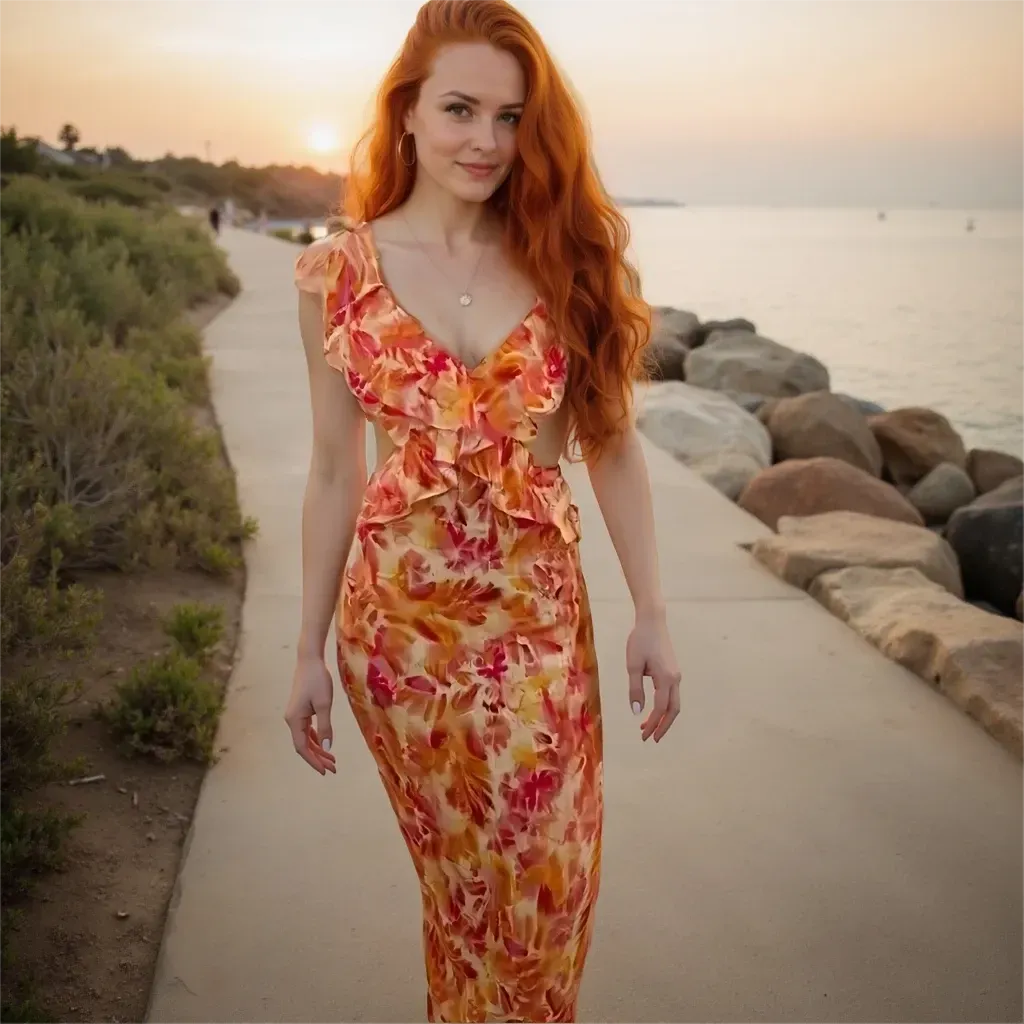 Woman in a floral dress standing on a path by a beach at sunset.
