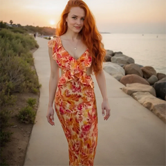 Woman in a floral dress standing on a path by a beach at sunset.