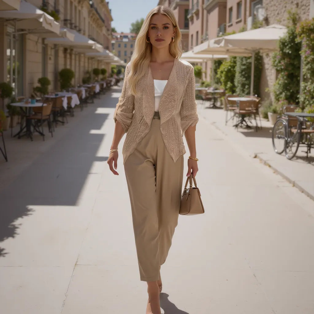 Woman in a beige outfit walking on a sunlit street with cafes and greenery.