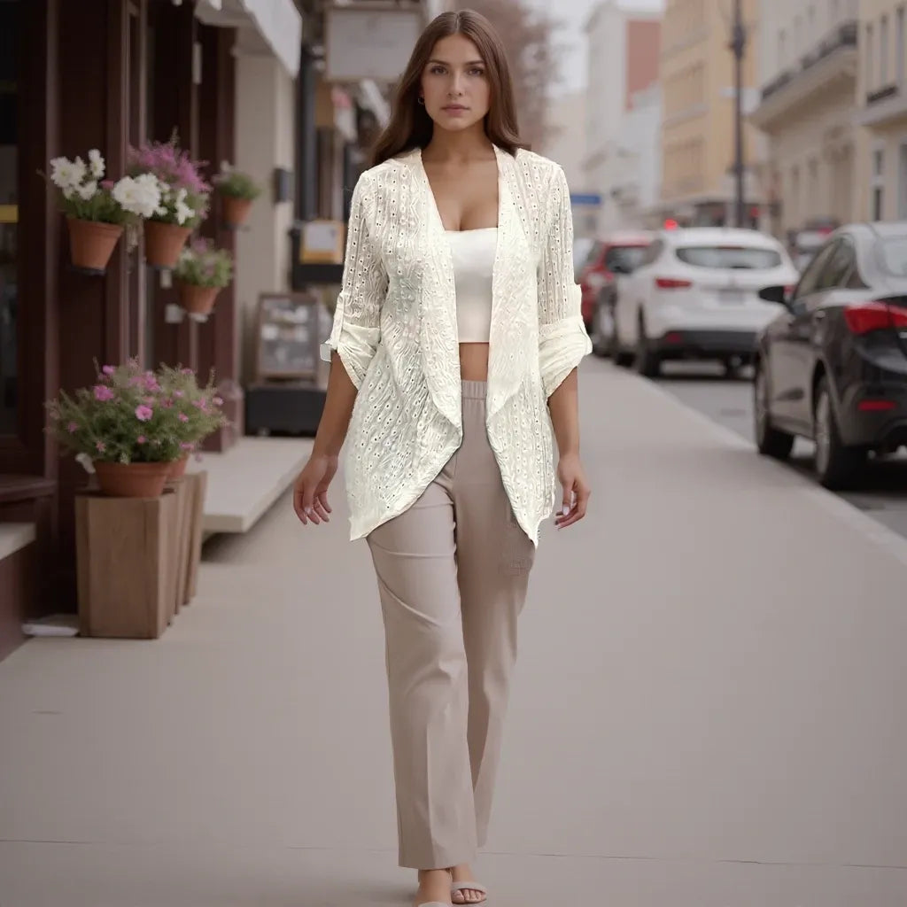 Woman walking on a city street wearing a white cardigan and beige pants.