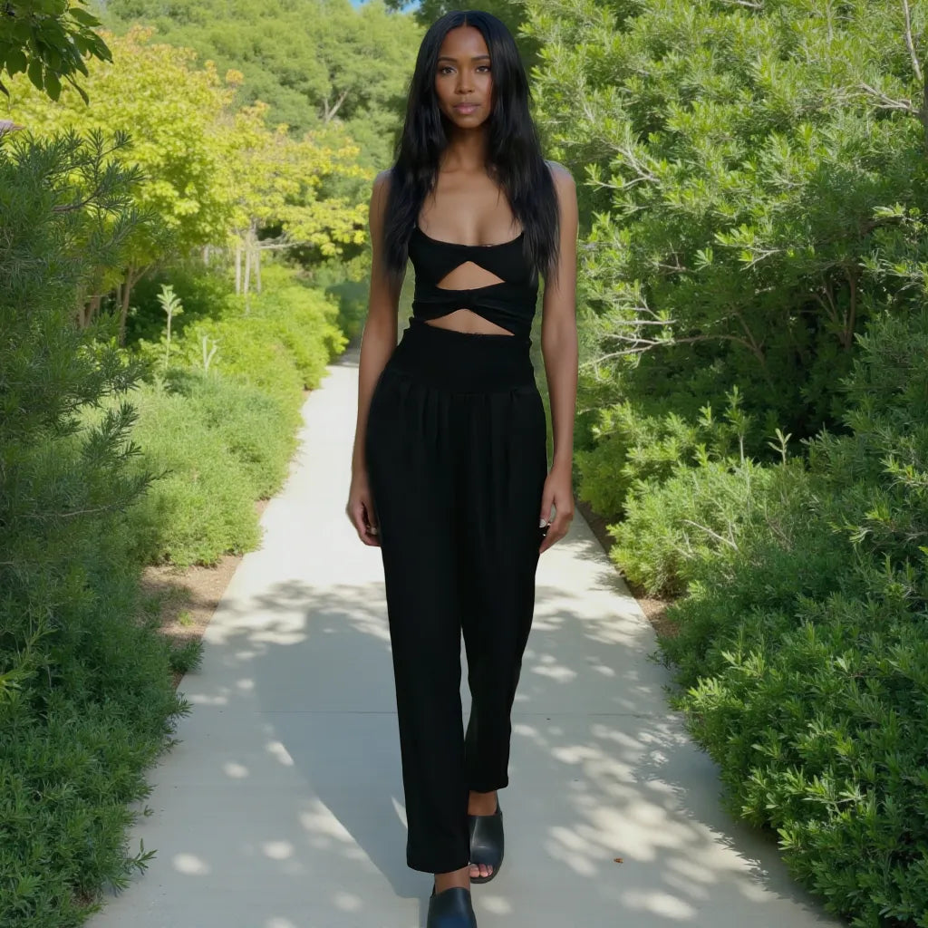 Woman in a black outfit walking on a path surrounded by greenery
