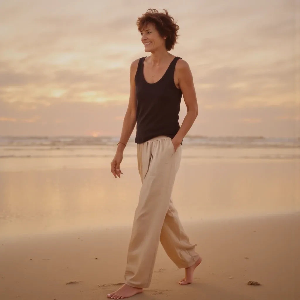 Woman walking on a beach at sunset