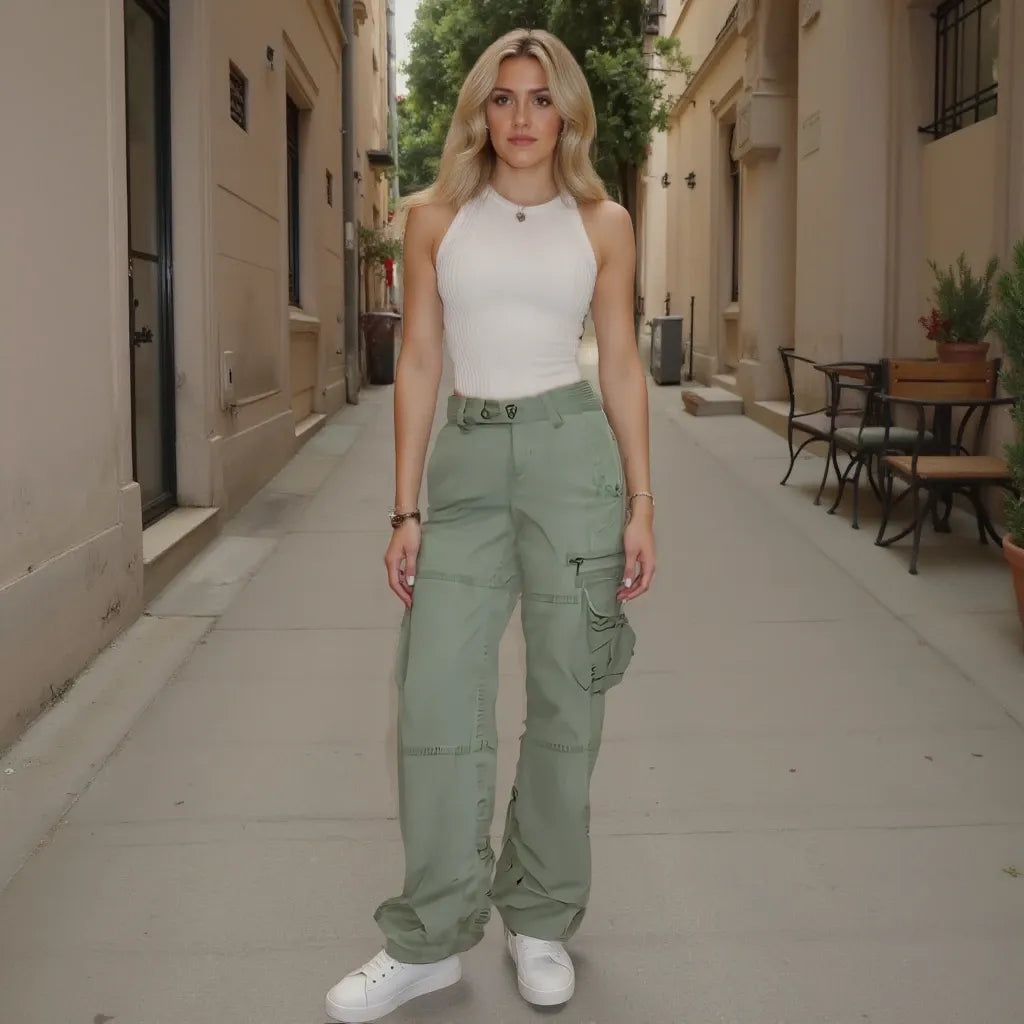 Woman wearing a white top and green cargo pants standing on a sidewalk.