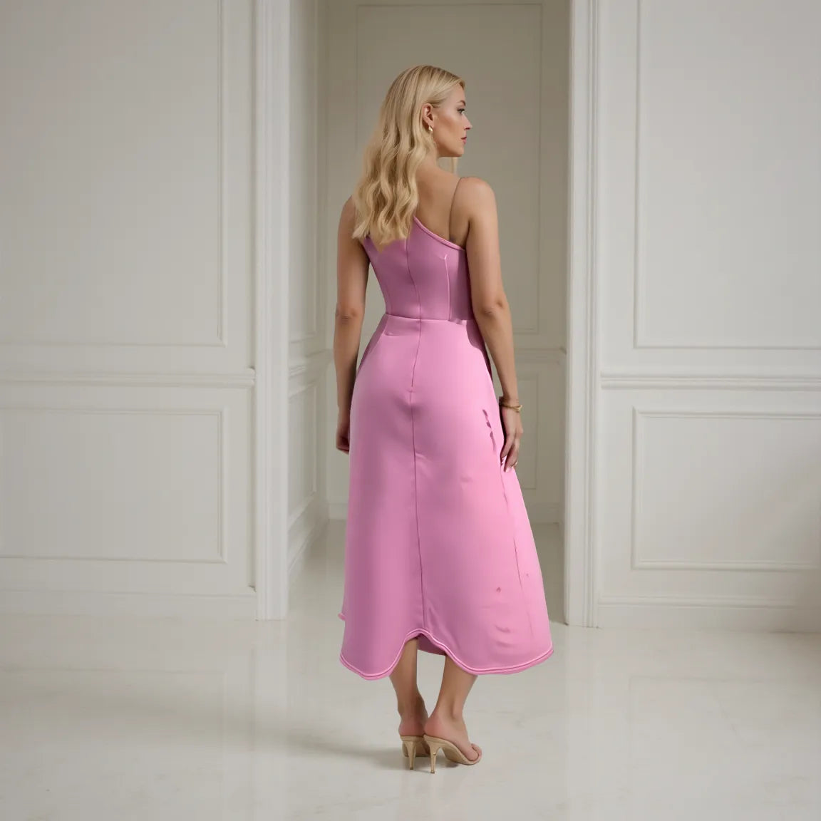 Woman wearing a pink dress standing in a room with white paneled walls.