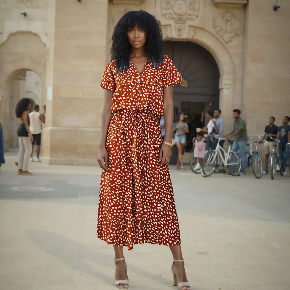 Woman in a red patterned dress standing in an outdoor setting with people and bicycles in the background.