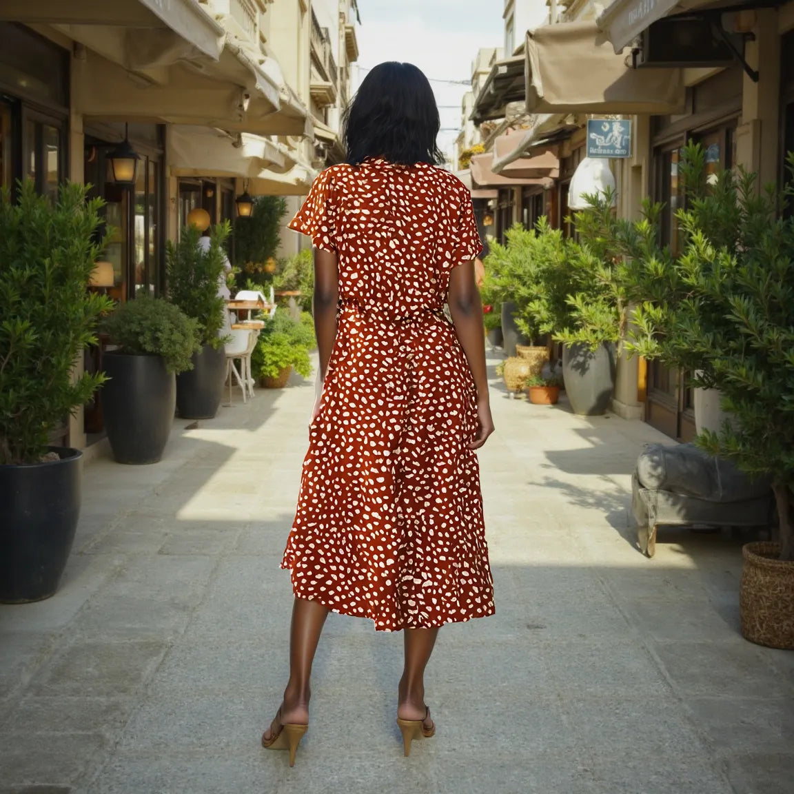 Woman in a red patterned dress walking down a sunlit street with plants and buildings.