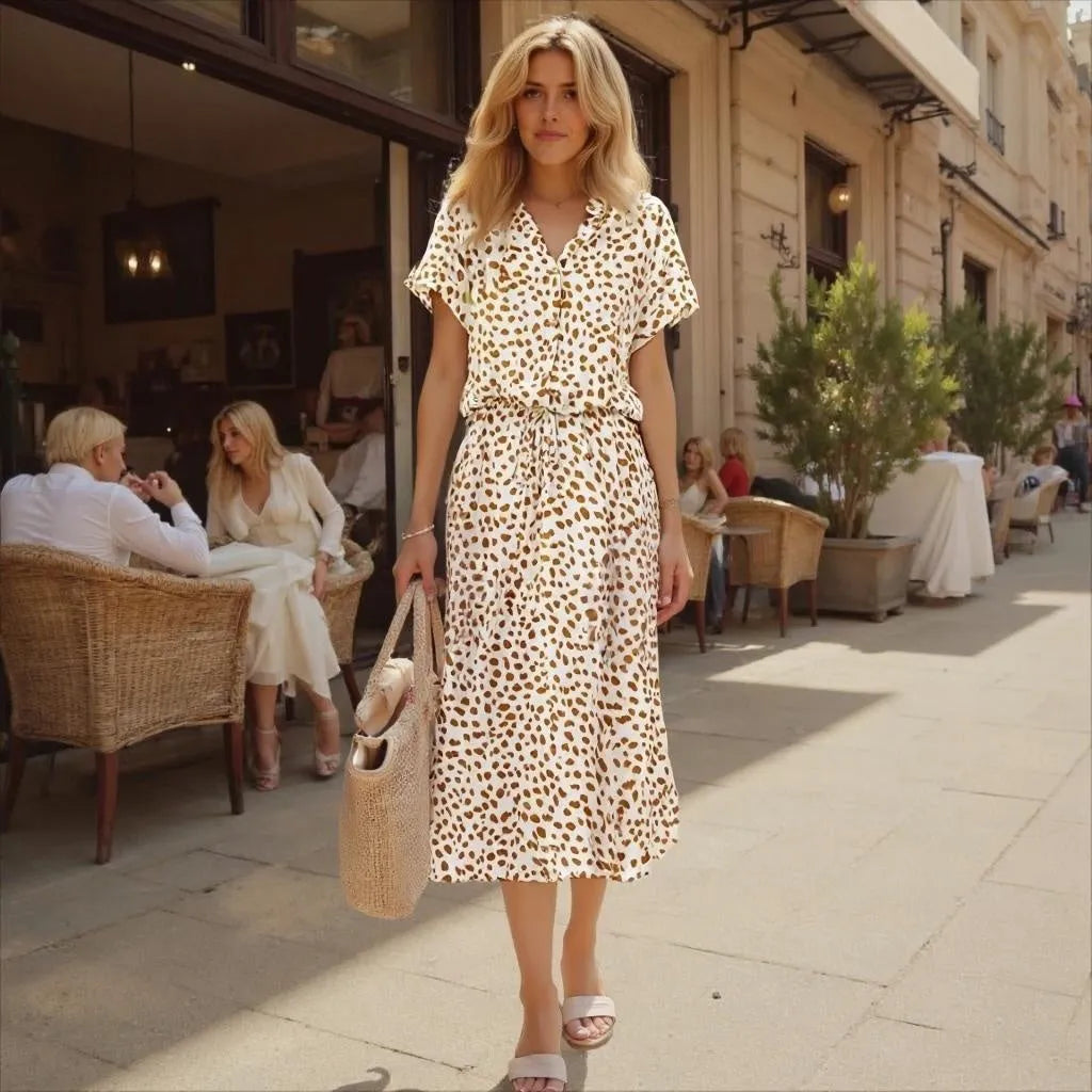 Woman in a leopard print dress walking on a city street.