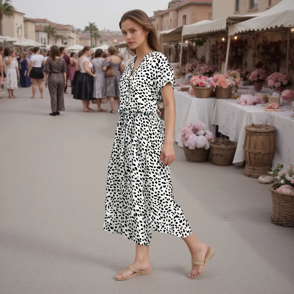 Woman in a black and white patterned dress standing in an outdoor market setting.