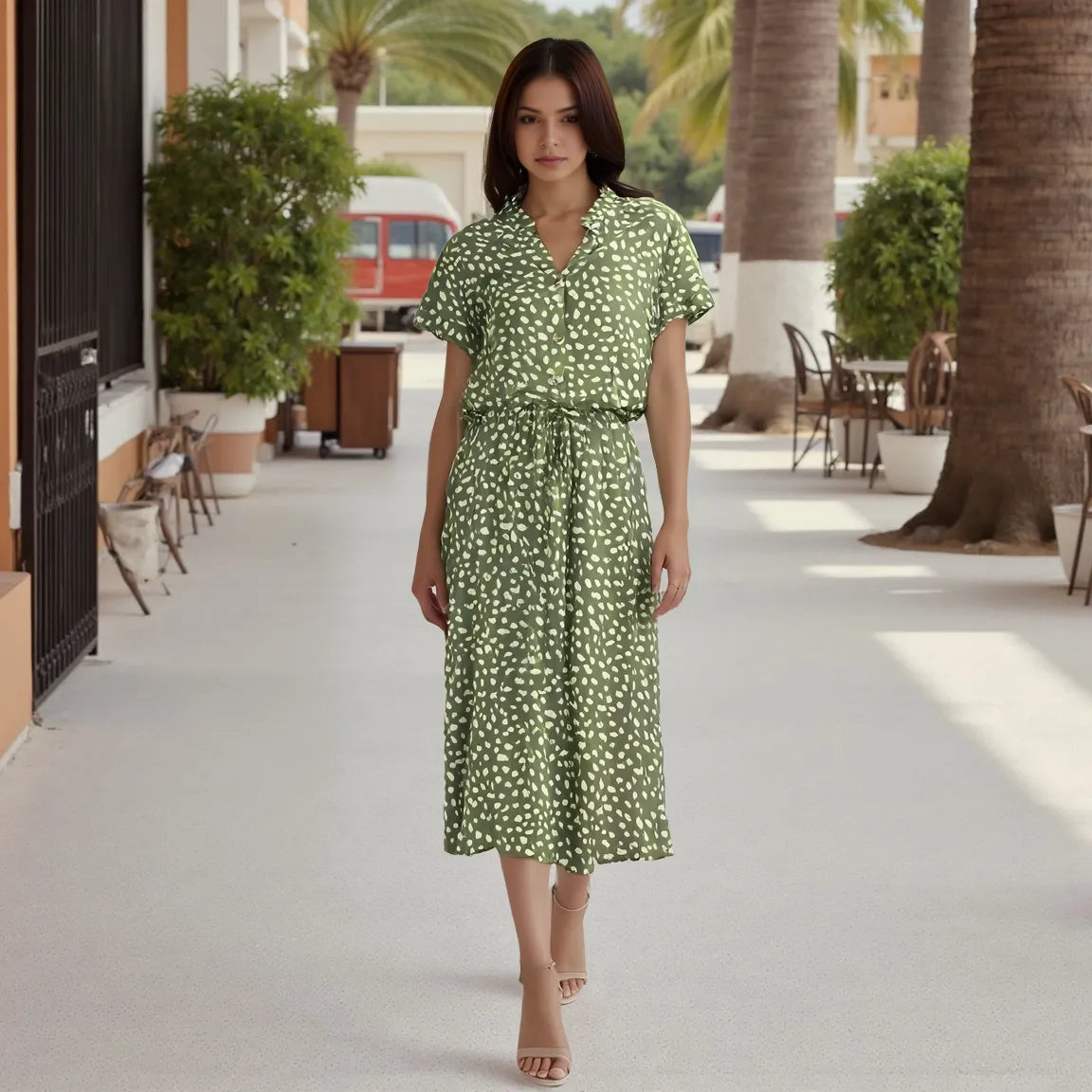 Woman in a green dress standing outdoors with palm trees and a building in the background