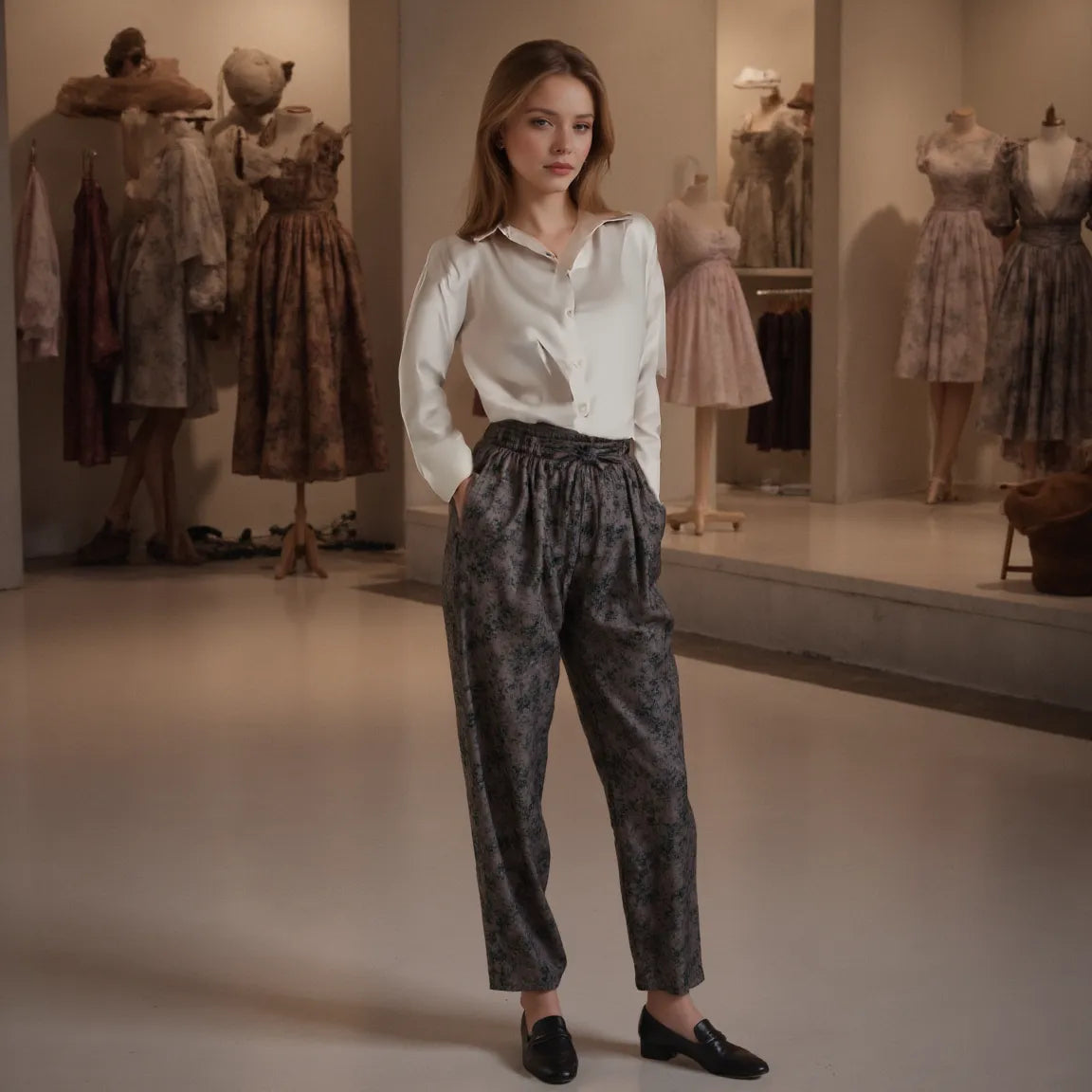 Woman standing in a room with mannequins wearing vintage dresses