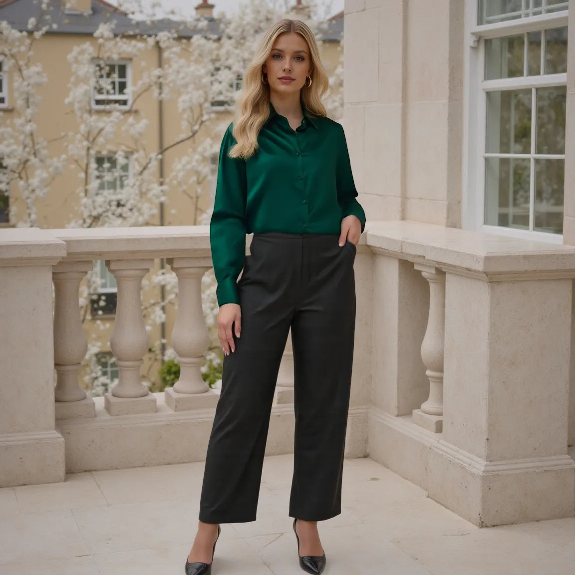 Woman in a green blouse and black pants standing on a balcony with floral decorations.