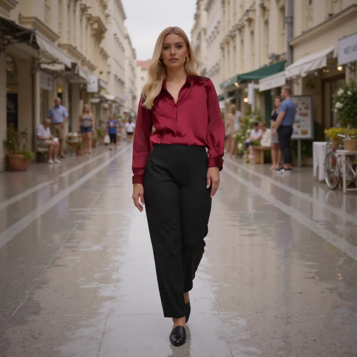 Woman in a red blouse and black pants walking on a city street.