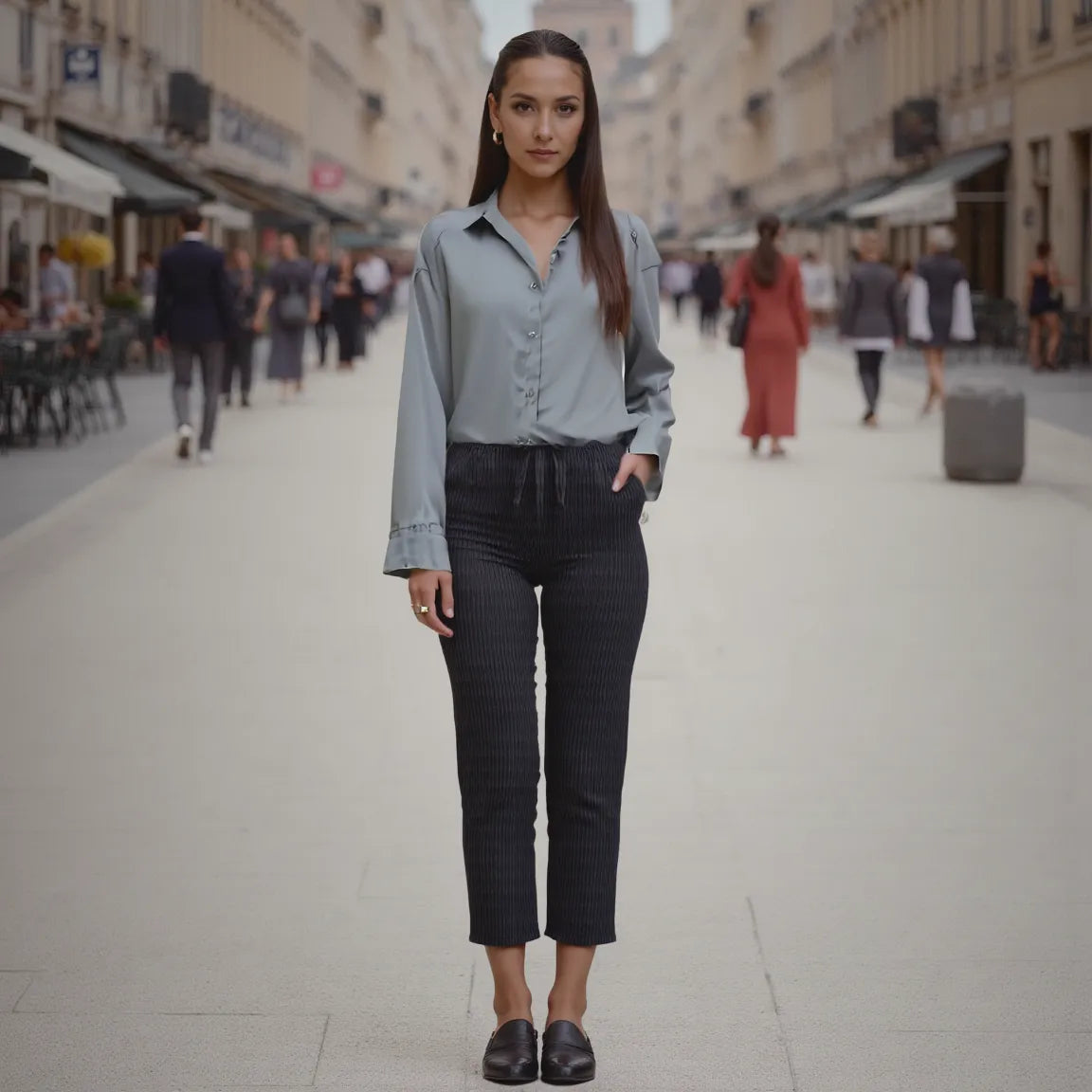 Woman standing on a city street wearing a light blue shirt and black pants.
