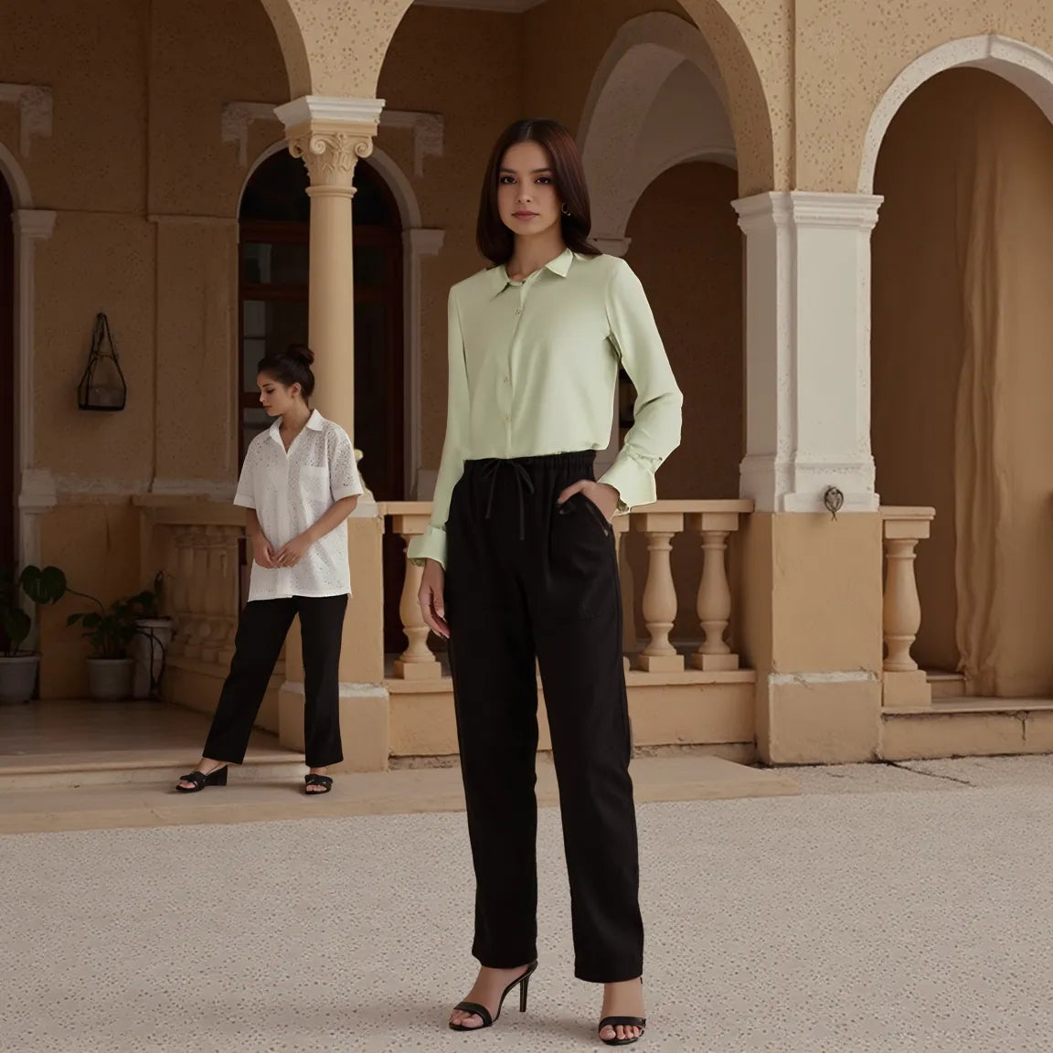 Woman in a light green blouse and black pants standing in an architectural setting.