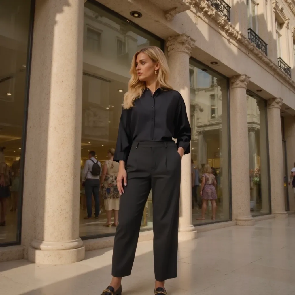 Woman in a black outfit standing in front of a store with large windows.