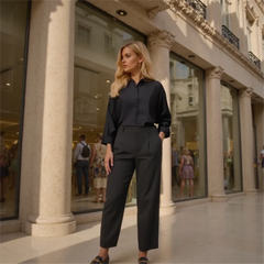 Woman in a black outfit standing in front of a store with large windows.