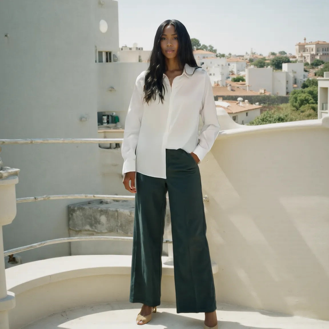 Woman in a white blouse and dark green pants standing on a rooftop with a cityscape in the background