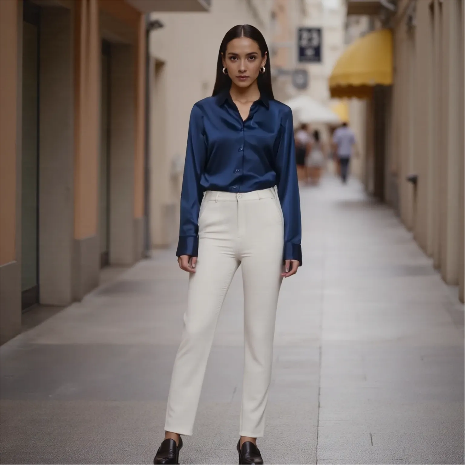 Woman in a blue shirt and white pants standing on a city street.