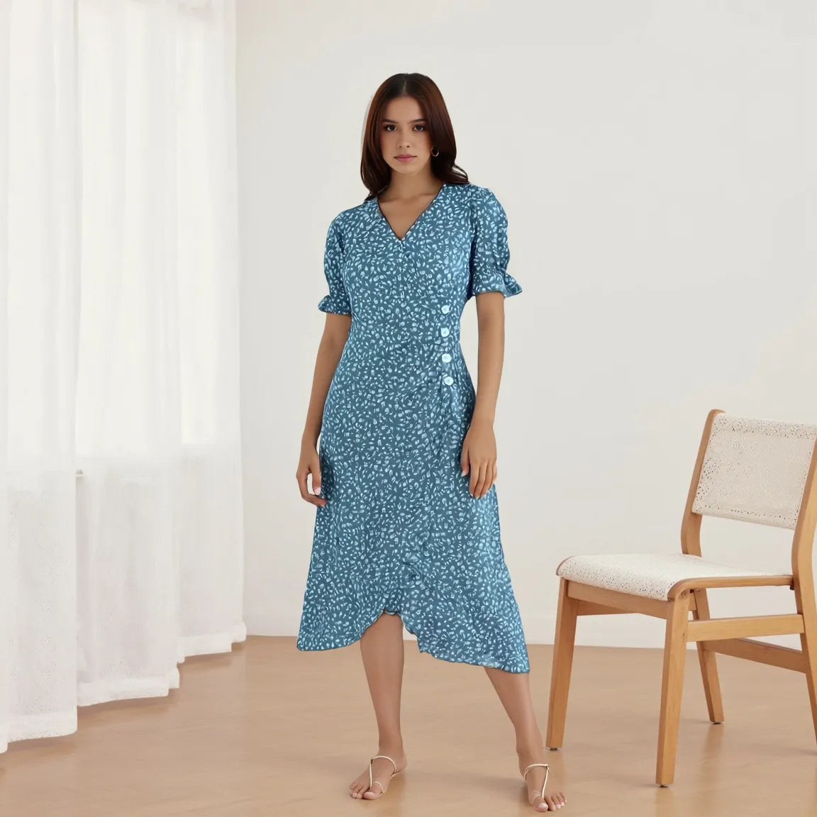 Woman wearing a blue floral dress standing in a room with white curtains and a wooden chair.
