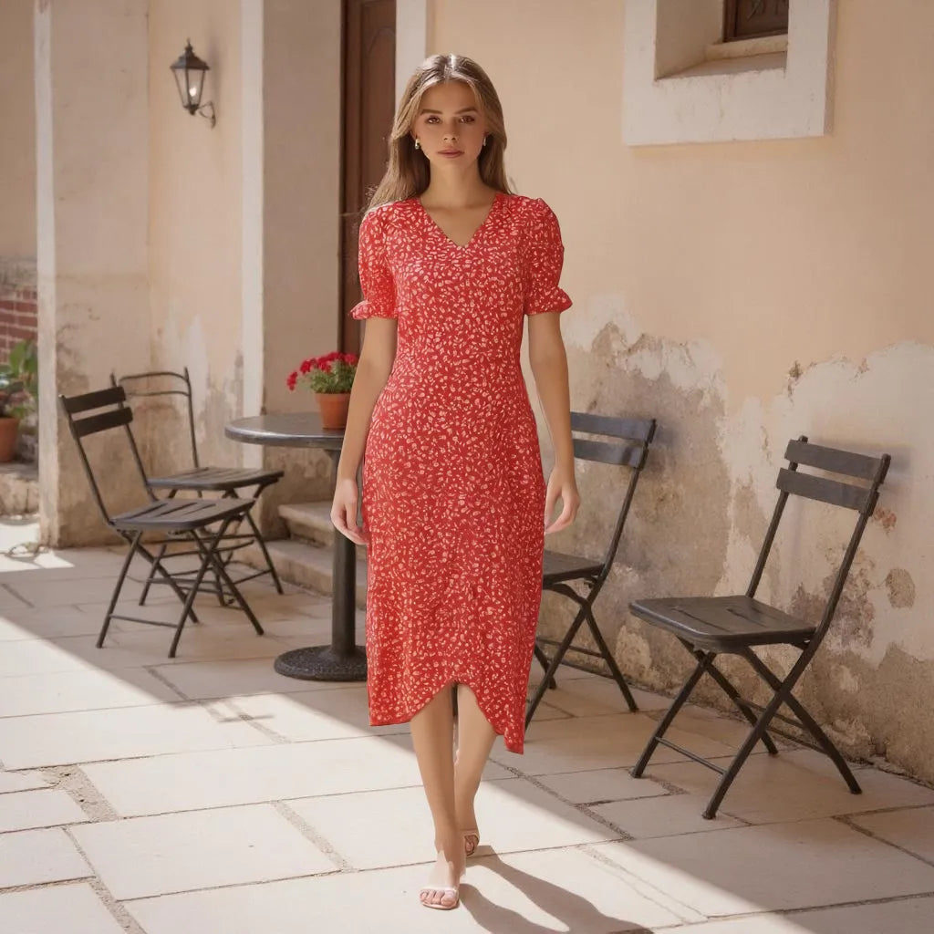 Woman in a red dress standing in an outdoor setting with chairs and a table.