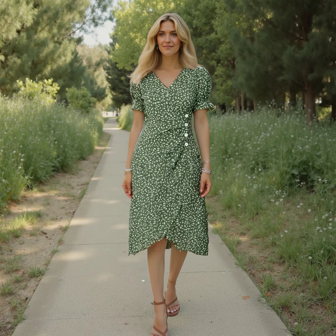 Woman in a green floral dress standing on a path in a natural setting