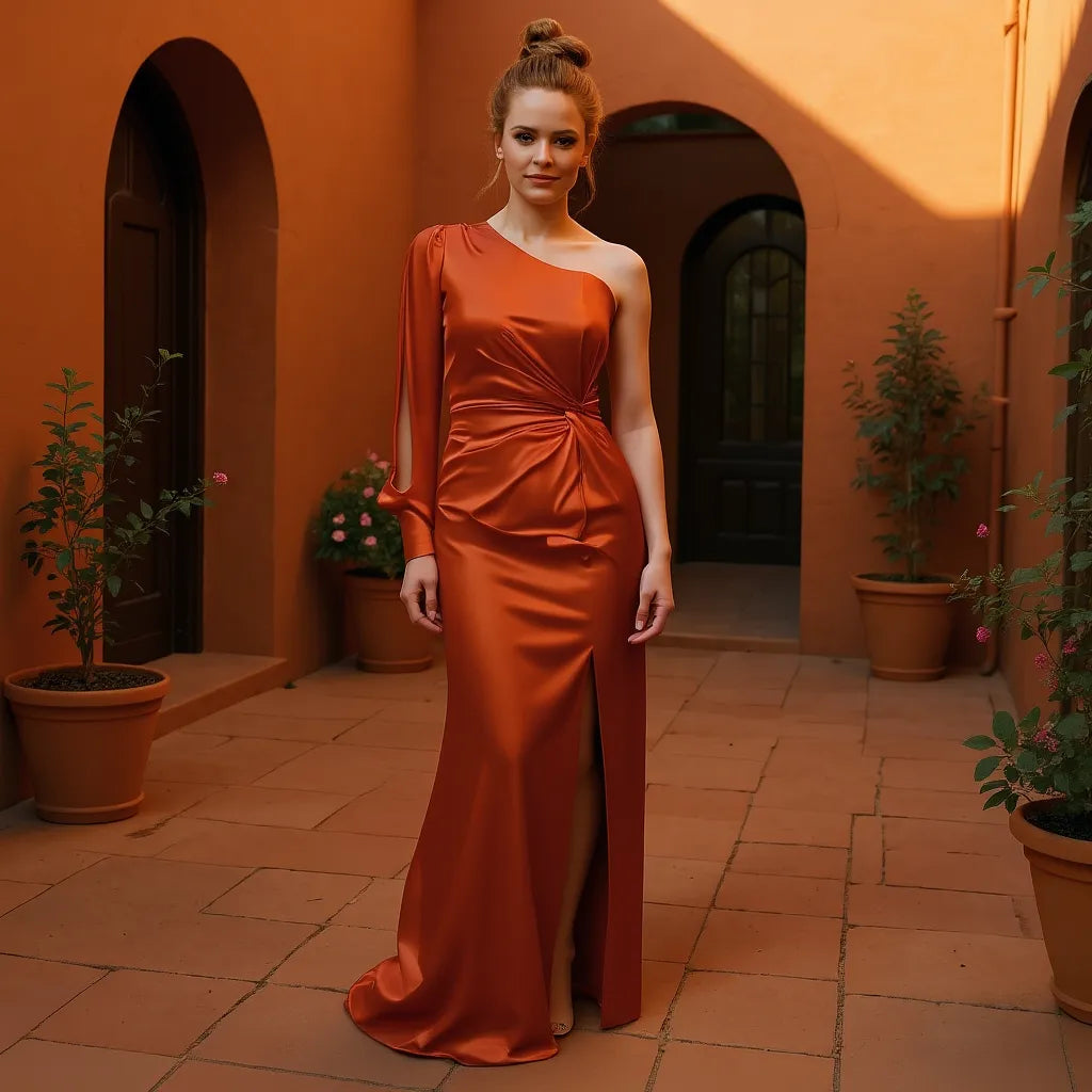 Woman in an orange one-shoulder dress standing in a sunlit outdoor courtyard with potted plants.