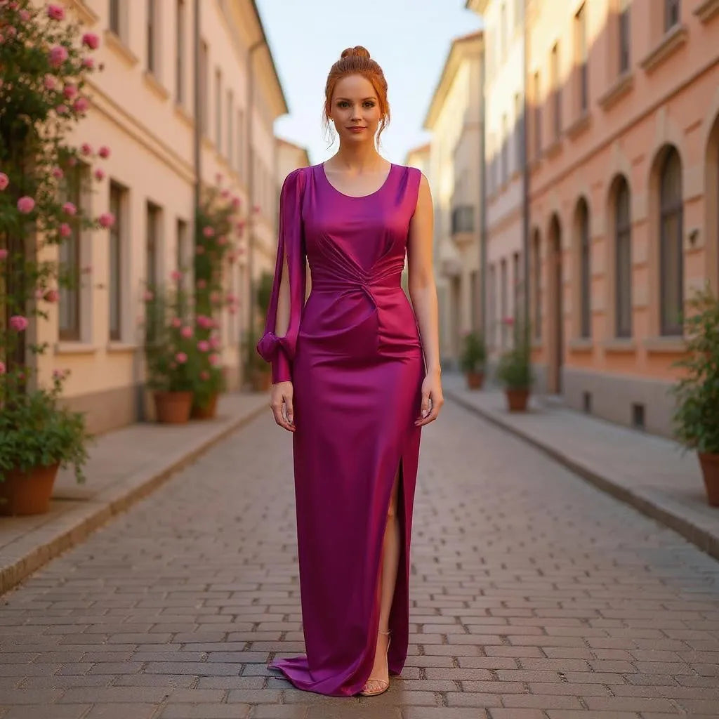 Woman in a vibrant purple gown standing on a sunlit street with buildings and plants.