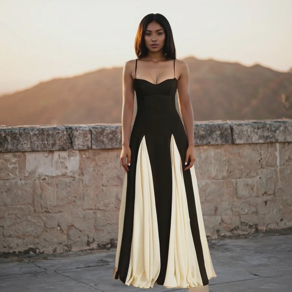 Woman wearing a black and white dress standing against a stone wall with mountains in the background