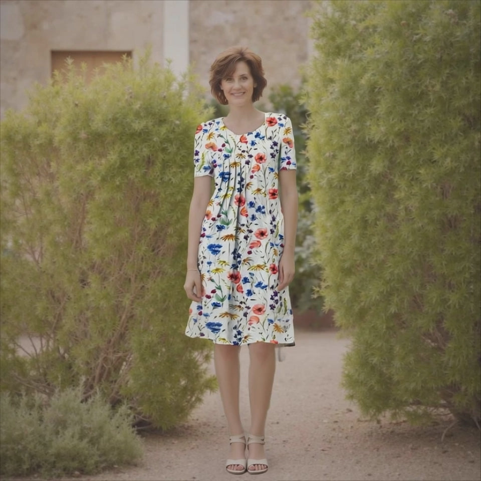 Floral A-Line Midi Dress - Short Sleeve Elegance