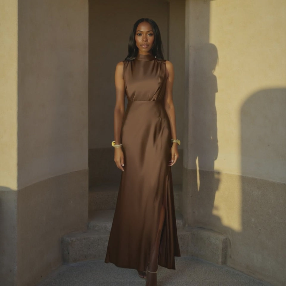 Satin Maxi Dress with Stand-Up Collar