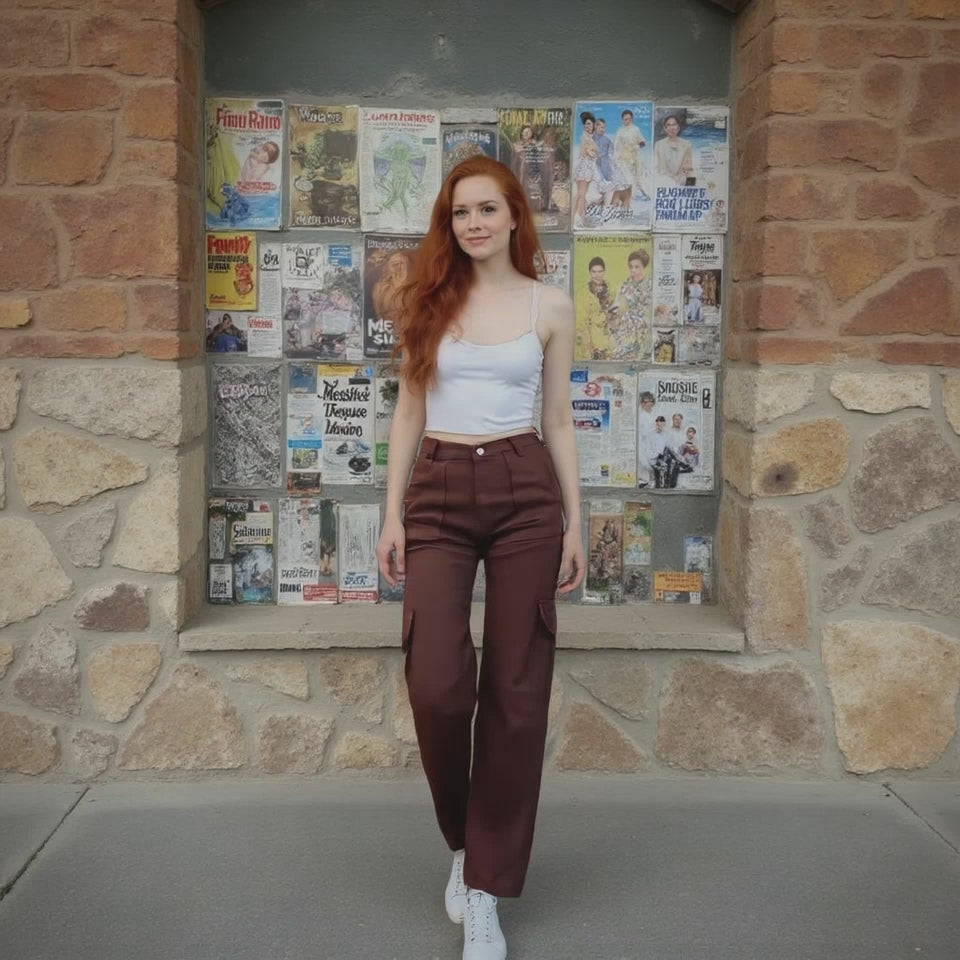 Woman standing in front of a stone wall with vintage comic books displayed.