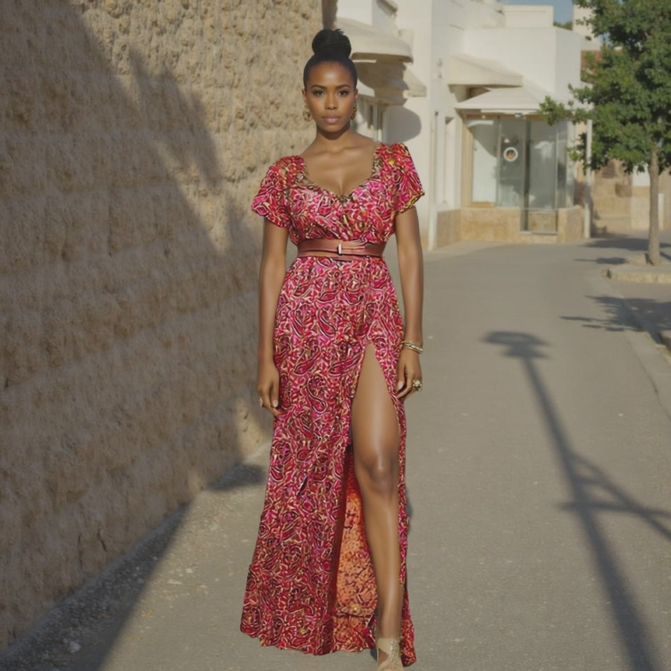 Woman in a red patterned dress standing on a street with a stone wall and building in the background.