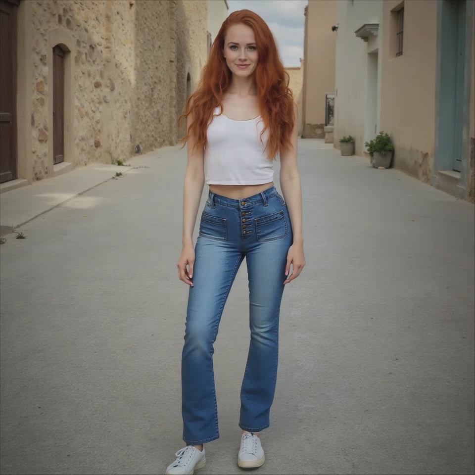Woman with red hair wearing a white top and blue jeans standing in a narrow alley.