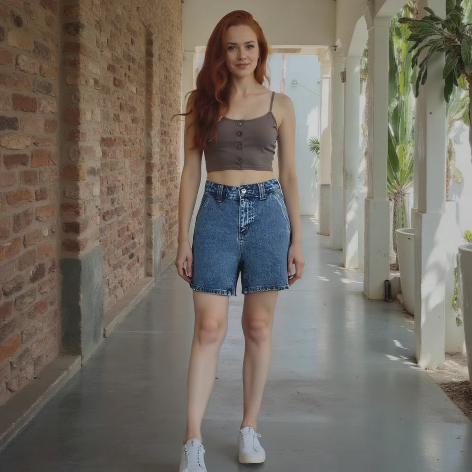 Woman wearing a brown tank top and blue denim shorts standing in a sunlit hallway with brick walls and plants.