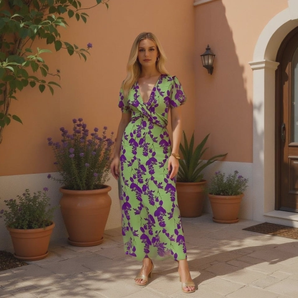 Elegant Puff Sleeve Floral Midi Dress