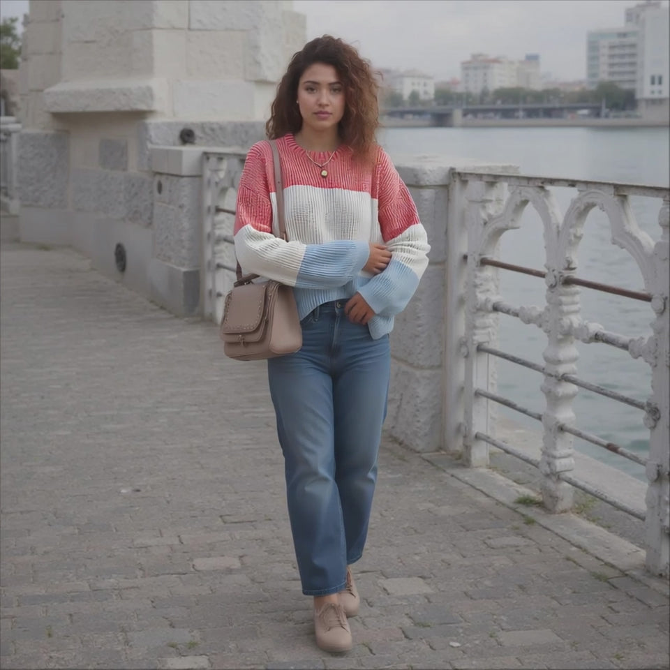 Woman in a colorful sweater and jeans standing on a bridge with water and buildings in the background