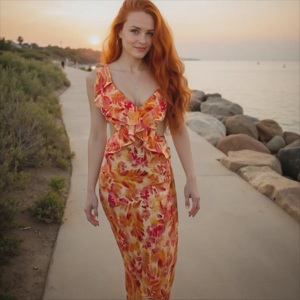 Woman in a floral dress standing on a path by a beach at sunset.