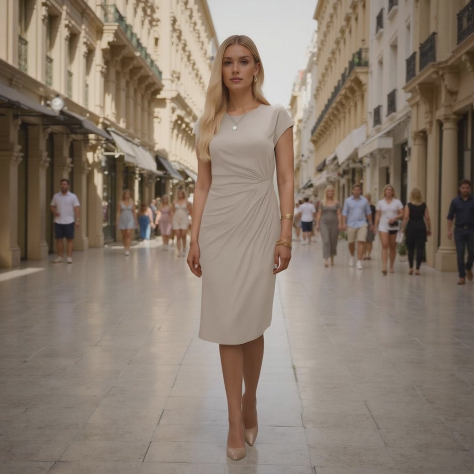 Knee-Length Ruched Sheath Dress with Front Knot