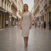 Knee-Length Ruched Sheath Dress with Front Knot