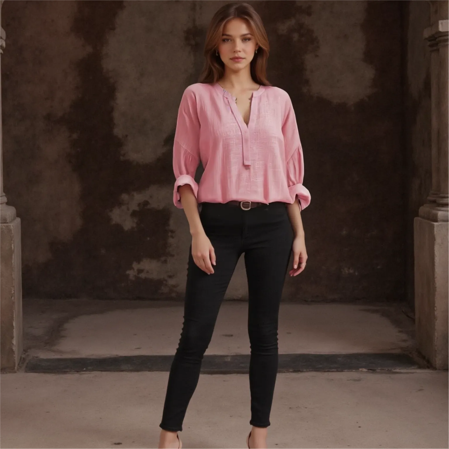 Woman wearing a pink blouse and black pants standing in a rustic setting